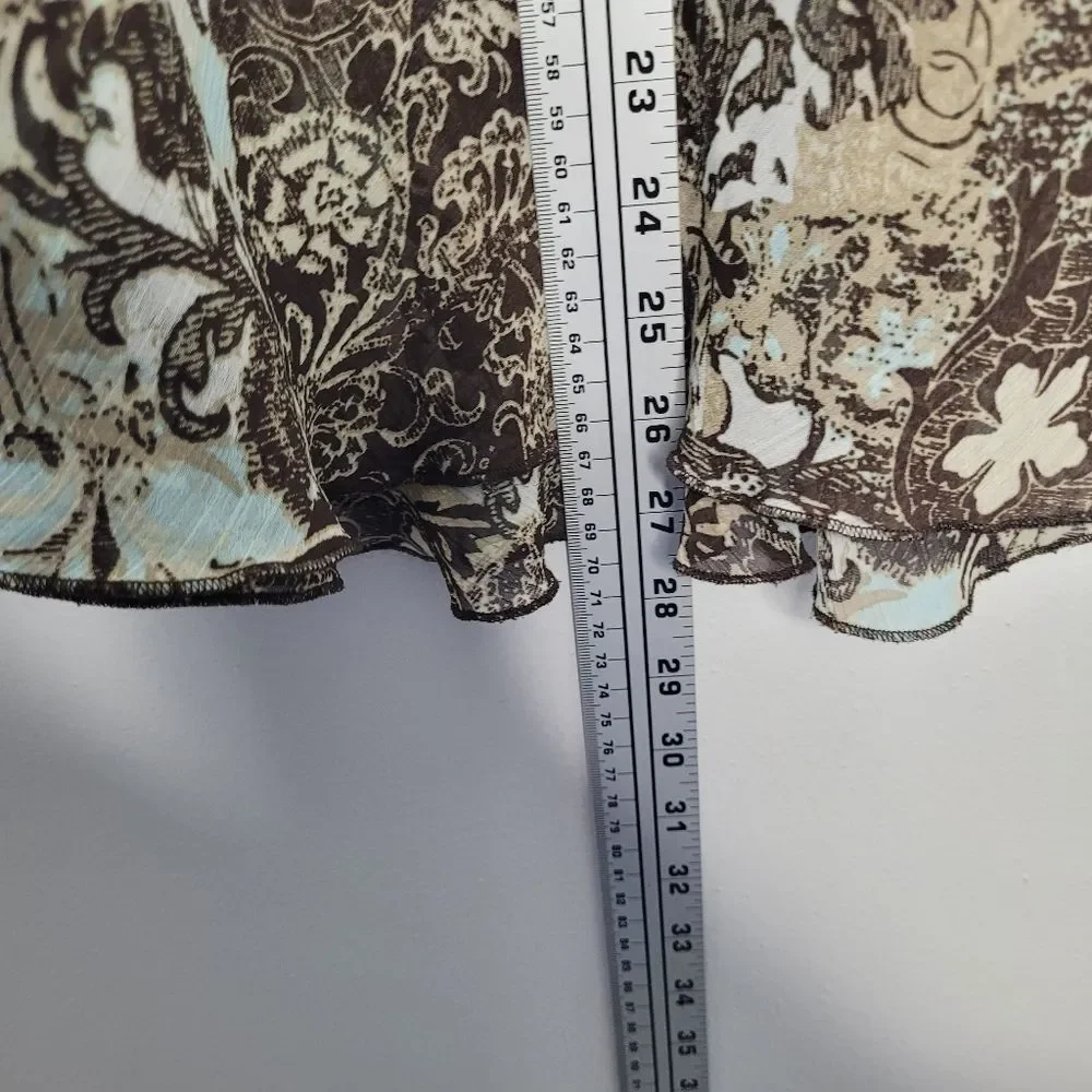 Notations blue brown grunge abstract floral print pull on a line knee skirt Med